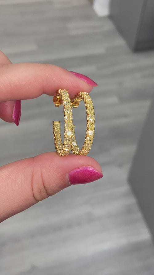 Fancy yellow diamond hoop earrings. Diamond hoops. Canary yellow diamond earrings. Yellow diamond earrings. Yellow cushion cut diamonds.