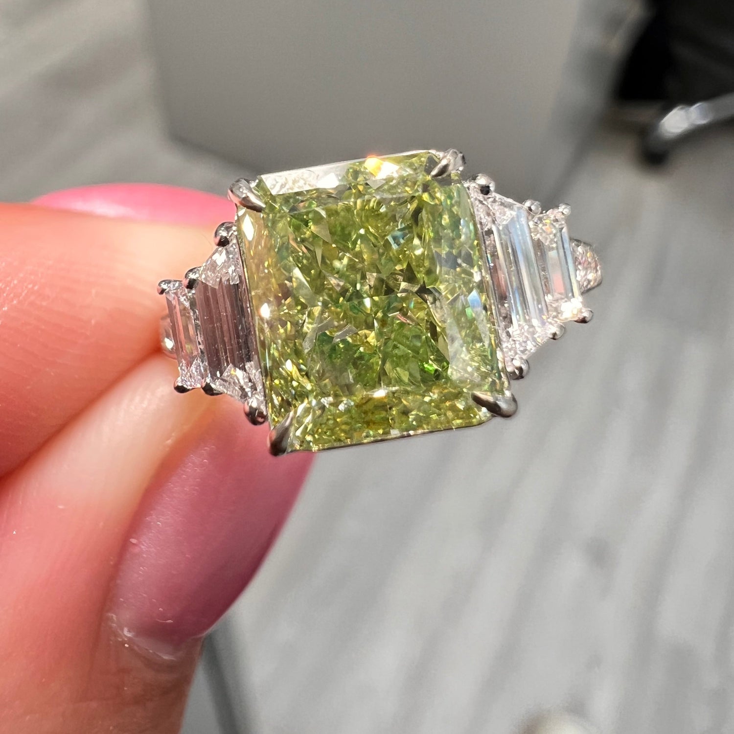 Natural 3ct Green Elongated Radiant diamond ring — Rare Colors by Namdar NYC