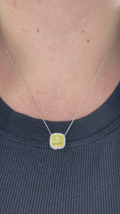yellow diamond necklace. yellow diamond pendant. yellow cushion diamond
