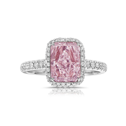 Unique pink diamond ring. pink radiant cut diamond. light pink diamond.