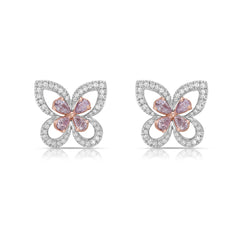 Delicate pink butterfly-shaped diamond stud earrings with a graceful and unique design.