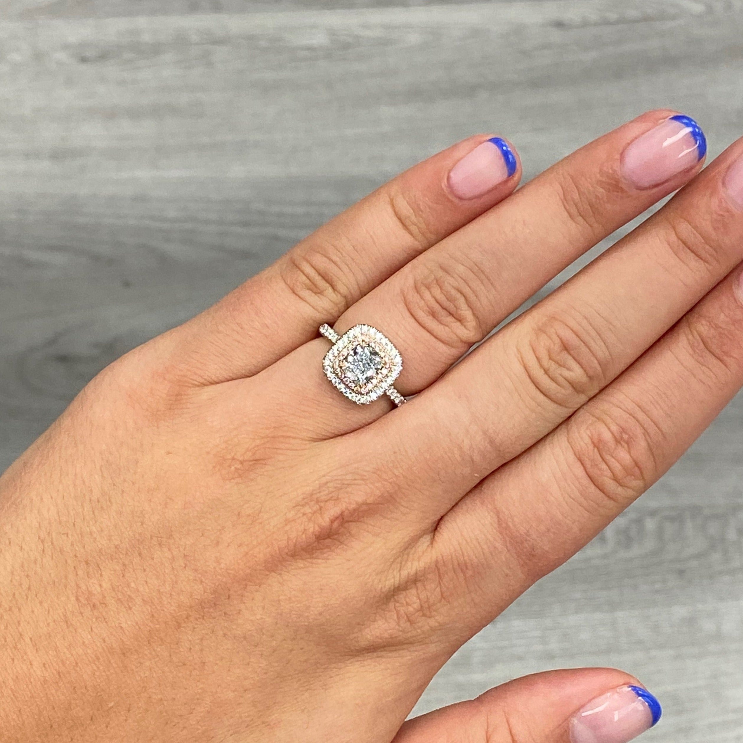 blue diamond ring. blue diamond cushion.