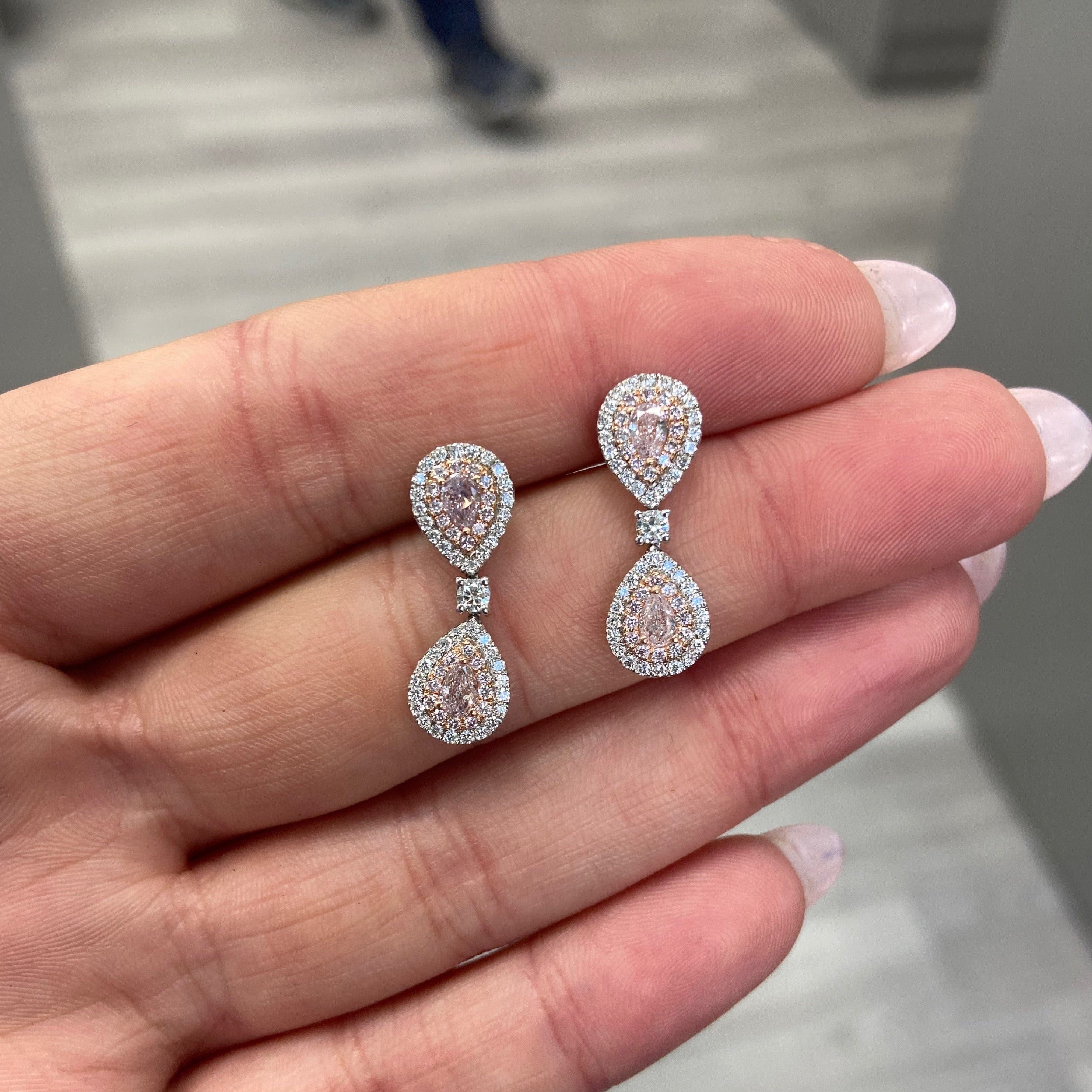 pink diamond earrings. pink pear shape diamonds. pink diamonds