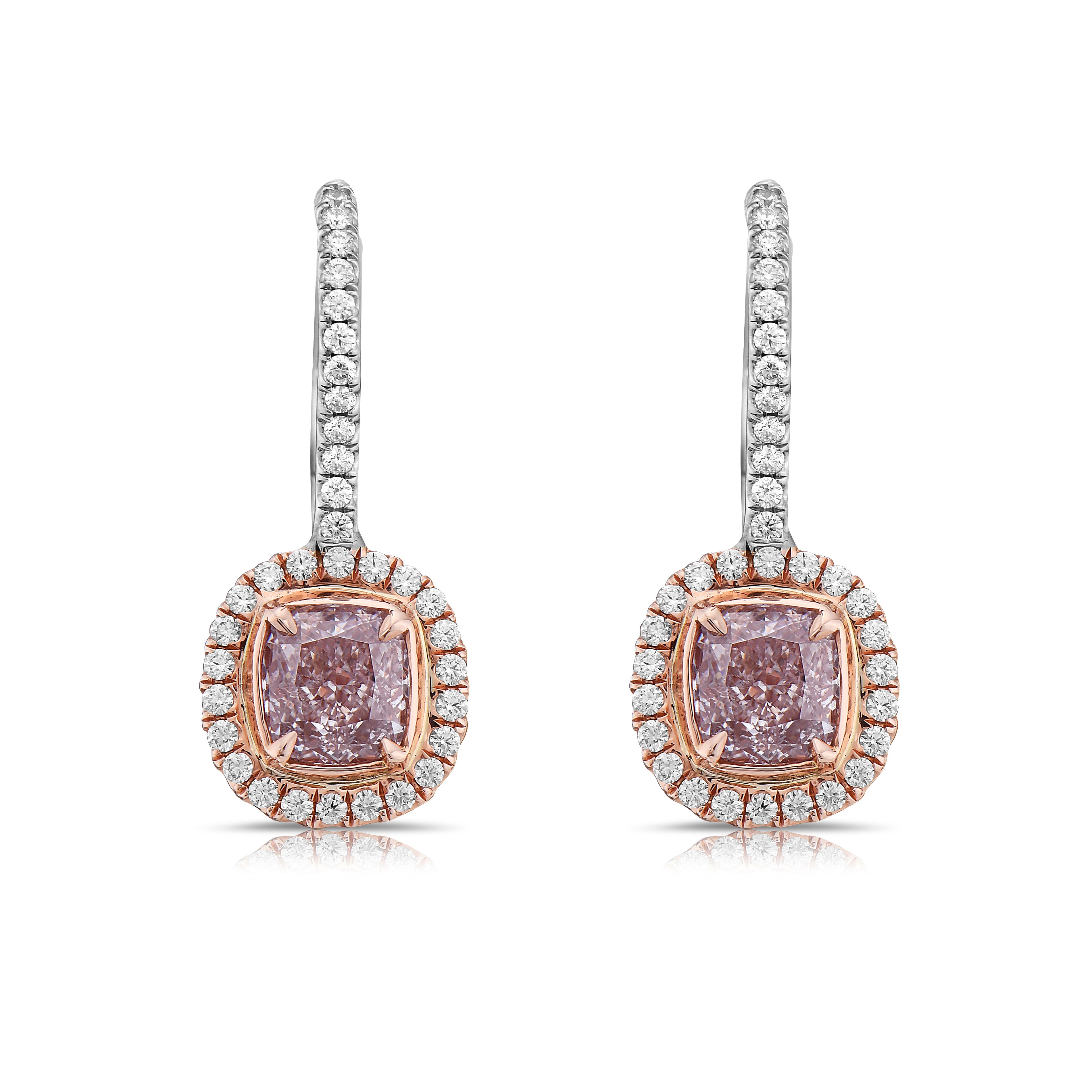 Light pink diamond cushion earrings. Natural pink diamonds. Gia certified pink diamonds. Pink diamond earrings. Pink diamond jewelry. Fancy pink diamonds.