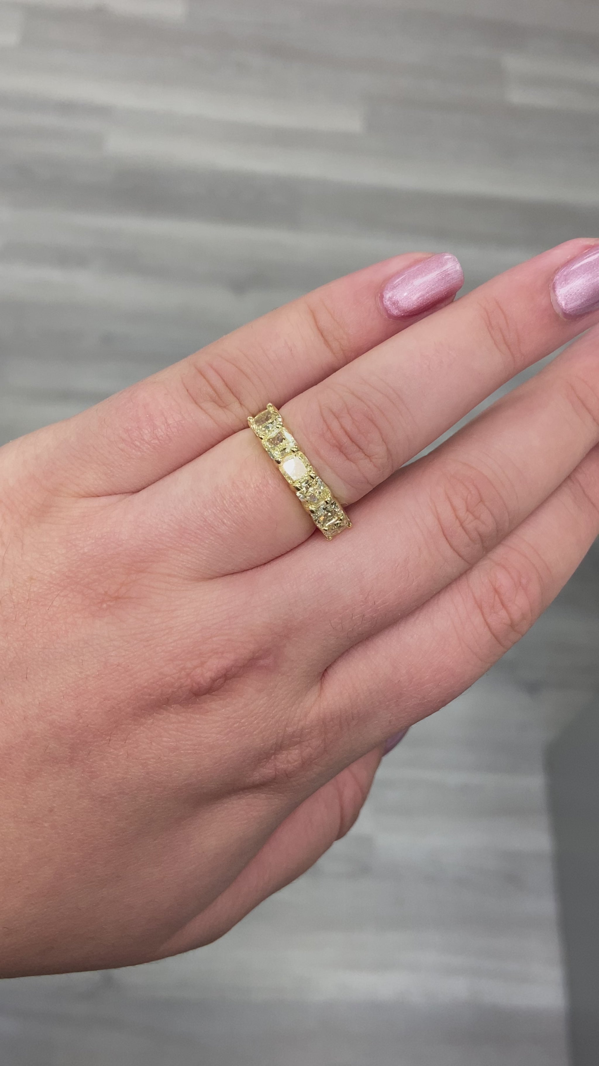 Half eternity diamond ring. Cushion half eternity diamond ring. Yellow diamond eternity band. Yellow diamond eternity ring. Yellow diamond wedding band. Cushion eternity band.