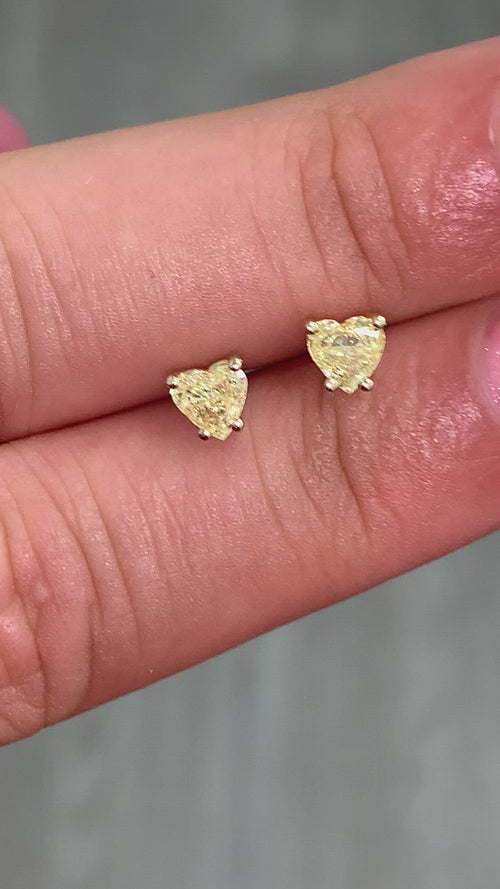 Unique Yellow diamond hearts. Yellow diamond studs. Yellow diamond earrings. Heart diamond earrings.