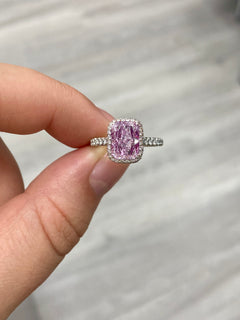 Unique pink diamond ring. pink radiant cut diamond. light pink diamond.
