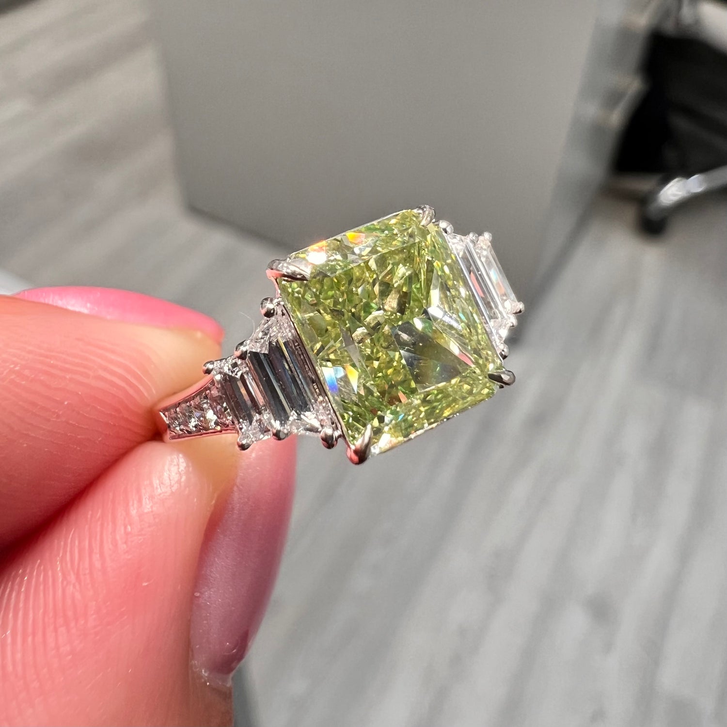 3ct Green Elongated Radiant diamond ring by Rare Colors by Namdar, New York City